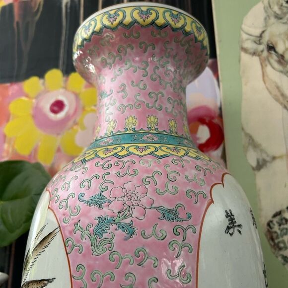 Jingdezhen Chinese Famille Rose Porcelain Vase Exotic Birds 18" Vintage - Picture 10 of 16